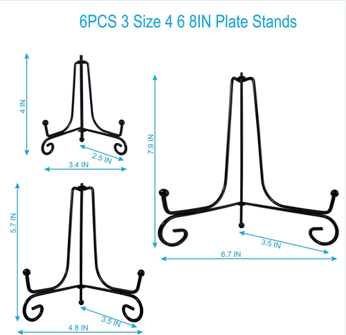 6PCS 3 Size Black Iron Plate Stands for Display - 4, 6, 8 Inch Decorative Metal - Picture 5 of 12