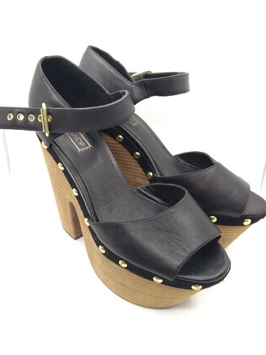Topshop Lassie Black gold stud Peep Toe chunky Velvet Wood Platform Heels sz 10