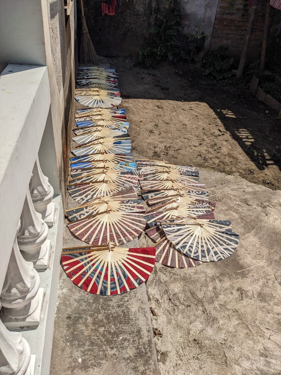 2 Brown Fans Hand Bamboo Cloth Handmade Indonesia New