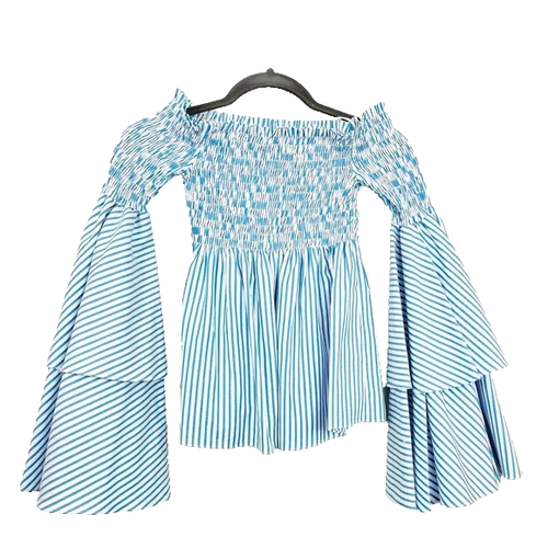 Caroline Constas Appolonia Off Shoulder Blue White Stripe Smocked Blouse XS NWT - Picture 1 of 9