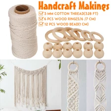 100m 3mm Natural Cotton String Macrame Artisan Thread Twisted Cord + Beads Rings