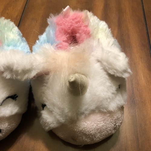baby girls unicorn slippers faux fur white pink rainbow silver horn size 5/6 - Picture 3 of 10