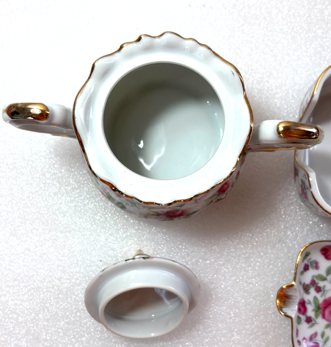 VINTAGE LEFTON PINK ROSE CHINTZ COVERED SUGAR BOWL & Stacked Ashtray Set ~ 6 Pc. - Picture 8 of 14