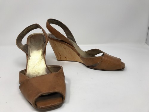 Authentische PRADA Slingback braune Leder Holz Keilabsatz Sandalen Größe 36-1/2 - Bild 1 von 10