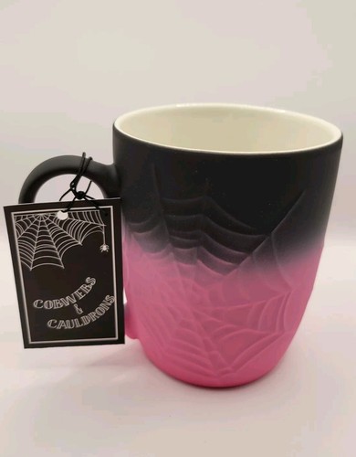 Taza de café grande de Halloween telarañas rosa y negro tacto suave 16 oz nueva - Imagen 3 de 15