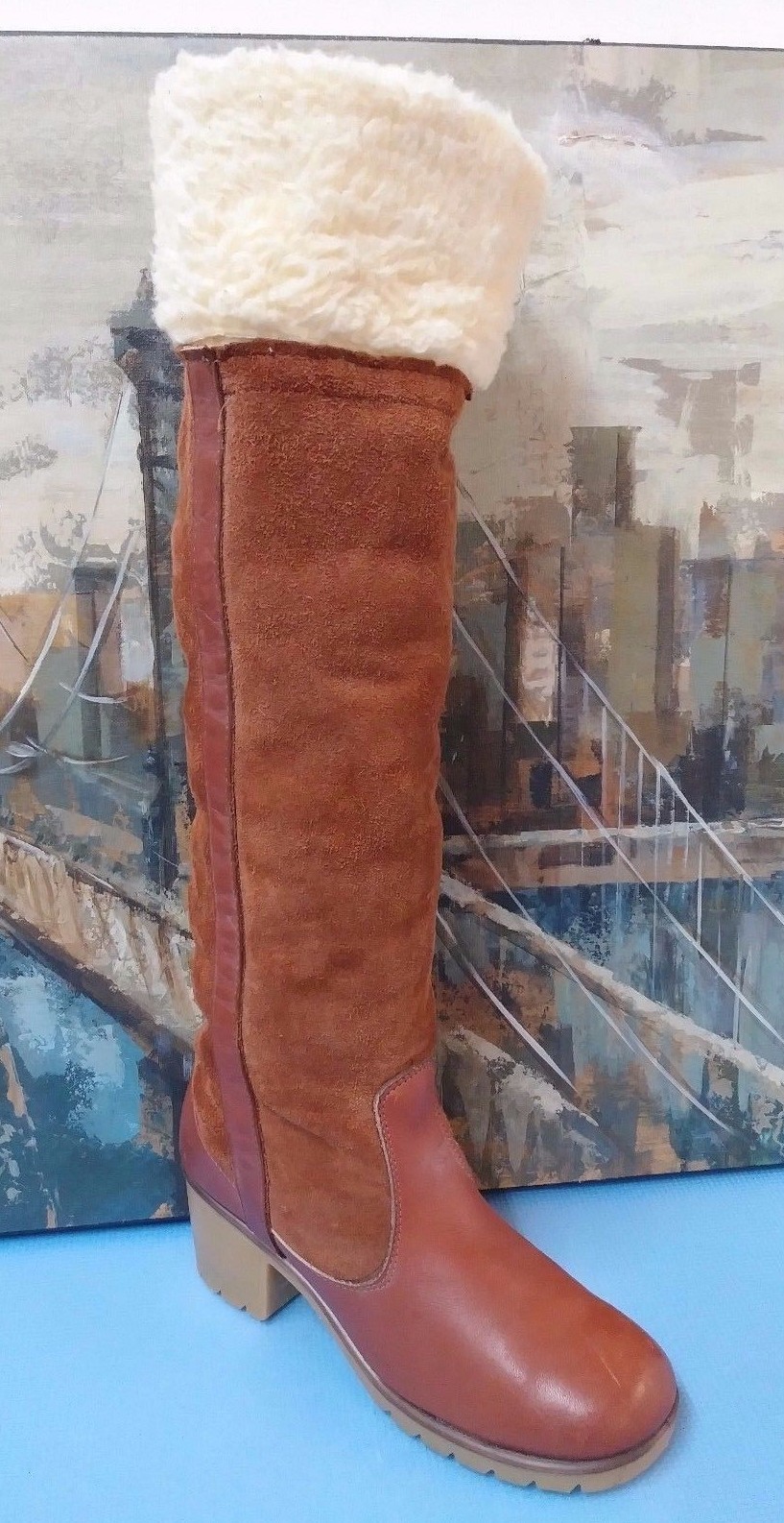 Damenschuhe Retro Vintage Knee HIgh Suede Fur Trim Winter Stiefel Größe 10 B Braun Damenschuhe Retro Vintage Knee HIgh Suede Fur Trim Winter Stiefel Größe 10 B Braun