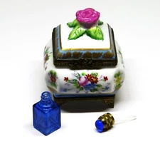 LIMOGES FRANCE BOX- FLORAL BOMBAY CHEST & STAND & PERFUME BOTTLE - 3D ROSE - LE