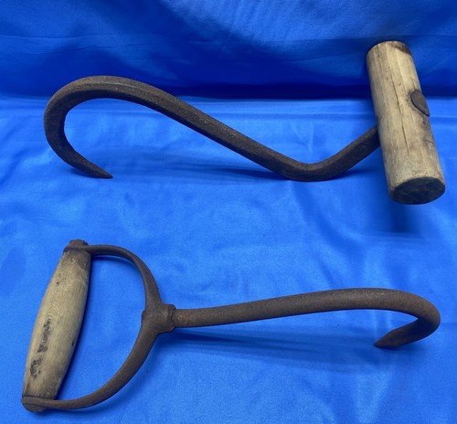 Antique Vintage Hay Meat Hook Cast Iron Wood Handle Farm Tool Country Unique Lot - Picture 3 of 6
