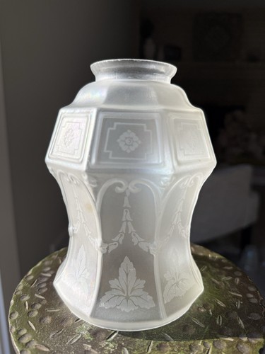 ANTIQUE FROSTED ACID ETCHED GLASS LAMP LIGHT SHADE FLORAL 2 1/4" FITTER