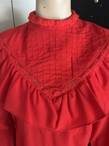 Vintage 70s Prairie Top Frill Cottage Pearl Lace Ruffle Button Back Poly Mock - Picture 2 of 9