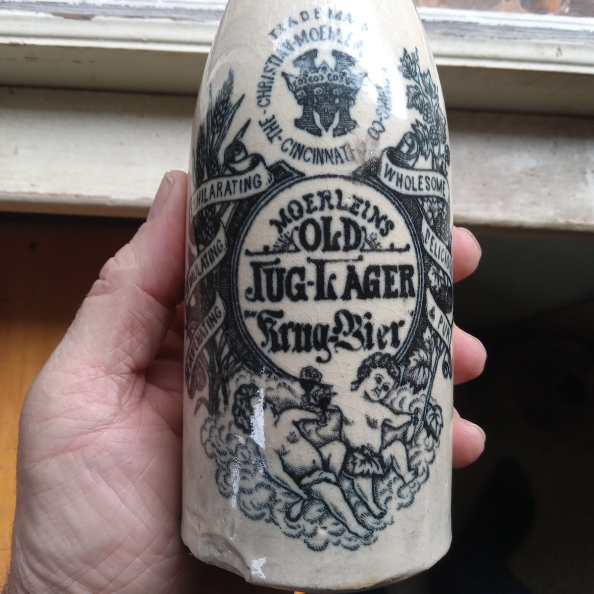 1890s MOERLEIN'S OLD JUG LAGER KRUG BIER STONEWARE PRE PRO CINCI