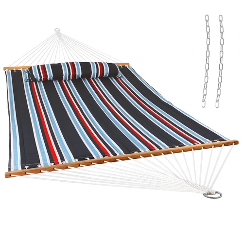 Large Quilted Fabric Hammock with Spreader Bars - Nautical Stripe by Sunnydaze