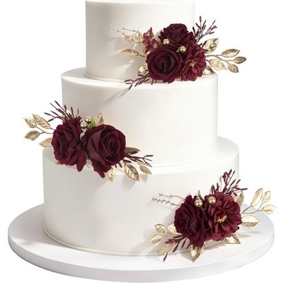 Burgundy Cake Flowers Wedding Cake Topper Floral Decorations Birthday 3 PCS Set