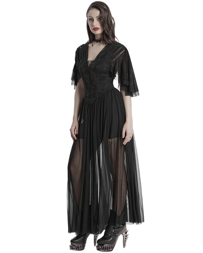 Punk Rave Daily Life Long Gothic Rose Lace & Pleated Mesh Lace Up Maxi Dress - Picture 7 of 13