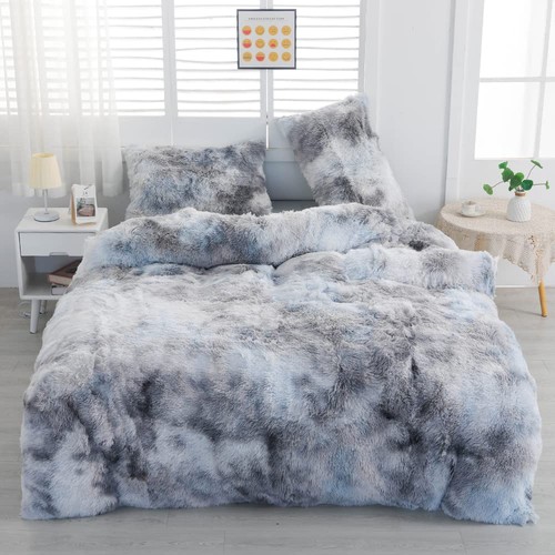 Faux Fur Tie-Dyed Black White Gray Colorful Comforter Sets Queen - 3PC Bed Se... - Picture 2 of 7
