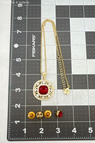 Monet Goldtone With Red & White Rhinestone Statement Necklace &Stud Earrings Set - Picture 7 of 8