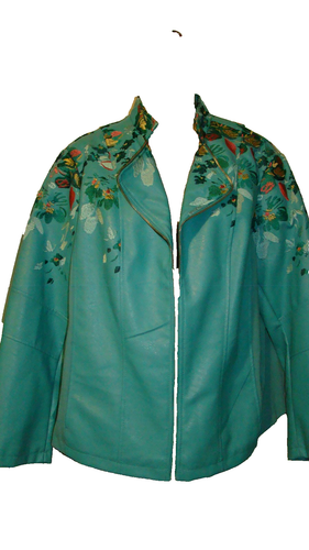 COLLEEN LOPEZ FAUX LEATHER MOTO JACKET AQUA TEAL BLUE XL FLORAL EMBROIDERED - Picture 7 of 8