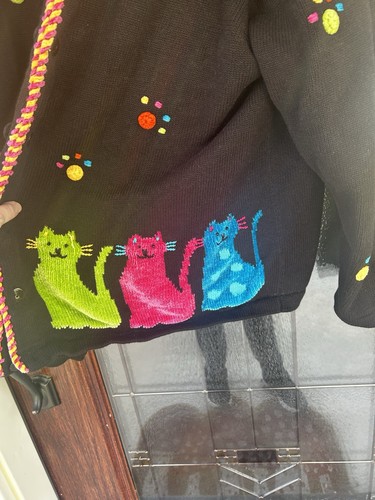 Women's Vintage The Quaker Factory Cat Sweater paw prints colorful sz 2XL - Picture 14 of 16