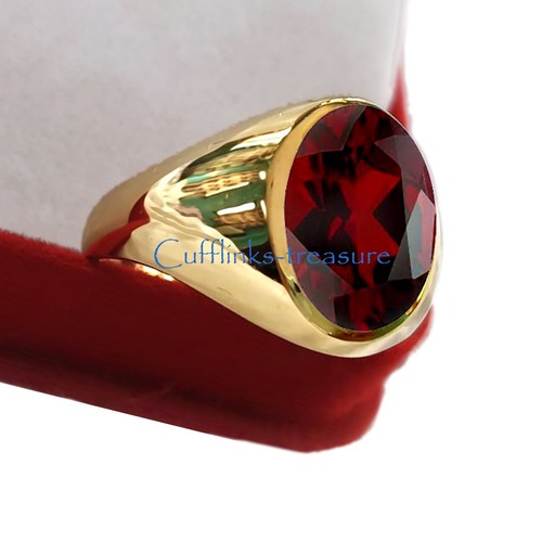 Natural Garnet Stone with 18 K Gold Plated 925 Sterling Silver Men's Ring #434 - Picture 2 of 7