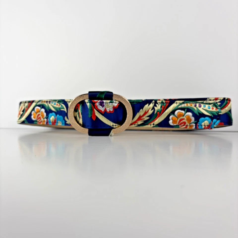 Women’s Floral Satin Embroidered Belt Gold Oval Buckle Boho Vintage Style 35" - Image 2 of 4