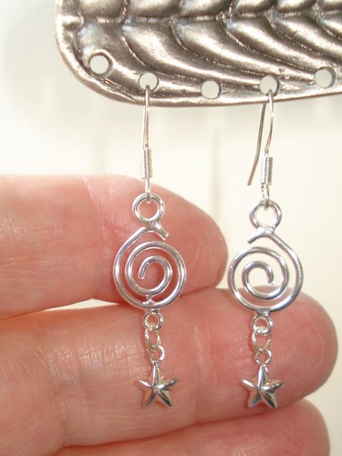 1 3/4" Drop Dangle Silver Spiral and Dangle Heart Sterling Earrings - Picture 2 of 5