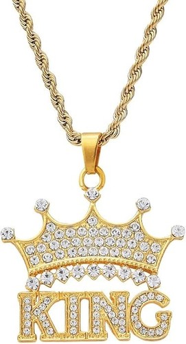 Colgante Corona KING CIRCONITA CÚBICA Tono Oro Helado 14K con Cadena de Cuerda de 24 Pulgadas Joyería Hip Hop - Imagen 4 de 9