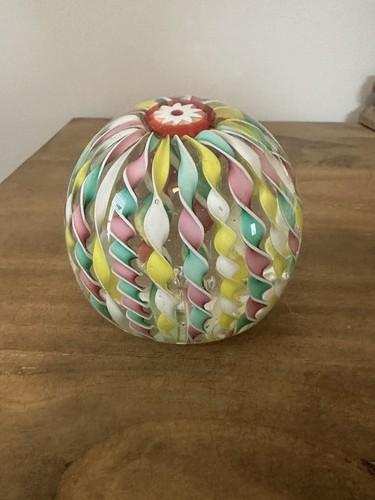 Murano Multi Twisted Ribbons/millefiori Hand Blown Art Glass Paperweight 2.75”T