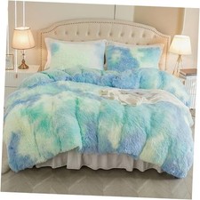 Luxury Blue Fuzzy Duvet Cover Set Queen Size 3 Full/Queen Furry-tie Dye Blue