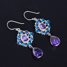 Amethyst Quartz & Blue Quartz Dangle Earrings 925 Sterling Silver Women Jewelry