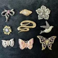 Lot 9 Vintage Style Rhinestone Brooches Butterfly Bird Bow Flower Mixed Set 