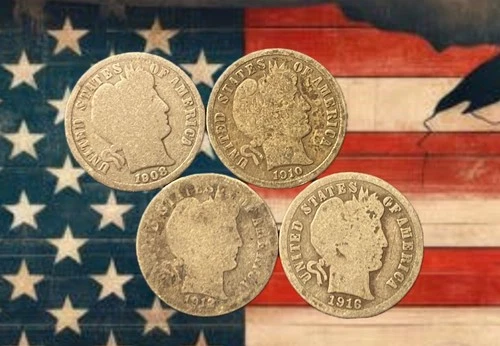 Lot of 4 Silver Barber Dimes 1908 1910 1912 1916
