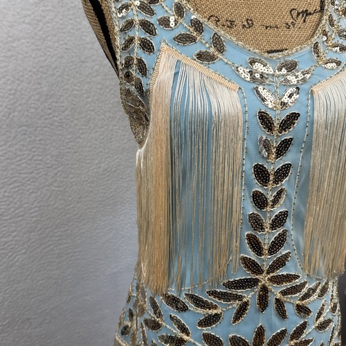 20er Jahre Damen türkis blau Kleid V-Ausschnitt Pailletten Abend Fransen Quaste Flapper Gown - Bild 16 von 24