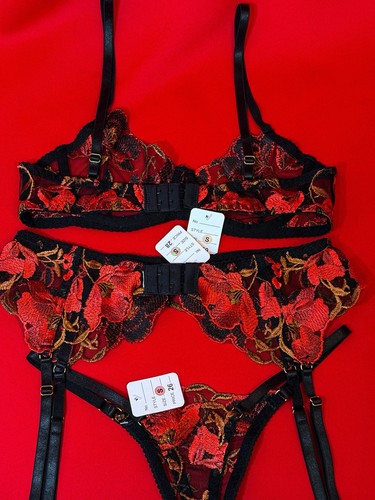 Bra 34B Garter Panties Sz Small ❤️ Red Black Lace Embroidered Sexy High Quality - Picture 6 of 8