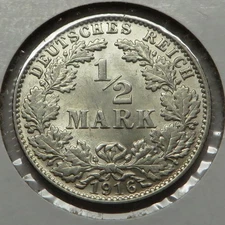 Germany-Empire 1/2 Mark 1916E Silver KM#17 UNC