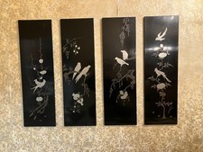 4 Vintage Asian Oriental Black Lacquer Wall Art Plaque Panels 26&rdquo;L x 8&rdquo;W x 1/2&rdquo;D