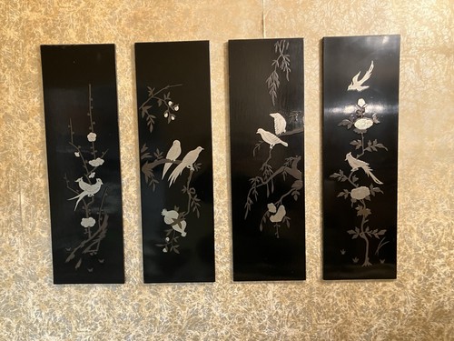 4 Vintage Asian Oriental Black Lacquer Wall Art Plaque Panels 26”L x 8”W x 1/2”D