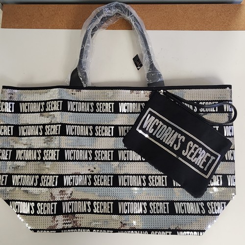 NWT Victoria’s Secret Sequin Bling Tote Bag Weekender Silver Black 2 Pieces - 第 1/18 張圖片