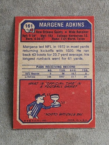 1973 Topps #161 Margene Adkins RC - Set Break - New Orleans Saints - Foto 2 di 2