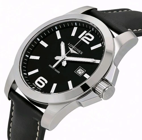 Longines Conquest 43mm Quartz SS Black Leather Band Men Watch L3.760.4.56.3