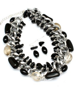 Western-Chunky-Black-Silver-Multi-Strand-Fashion-Necklace-Set