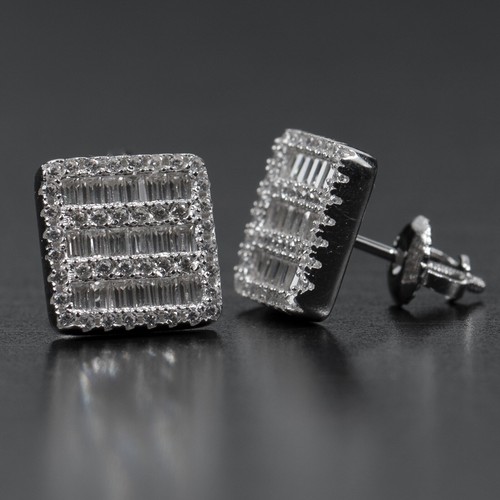 Orecchini Hip Hop Iced Cz Baguette Uomo Argento Sterling Quadrato Borchia Vite Indietro - Foto 3 di 7