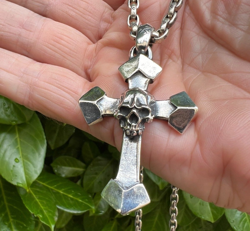 Heavy 925 sterling silver skull cross and 60cm chain necklace Hallmarked 88g - Picture 2 of 11