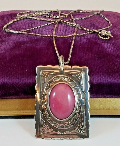 Sterling and Cabochon Rhodochrosite Southwestern Bezel Set Pendant Signed JHJ - Picture 5 of 11