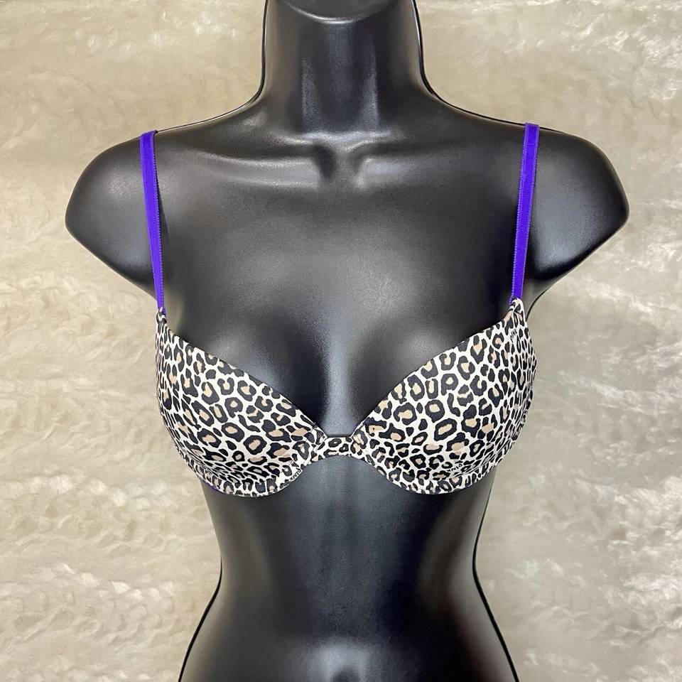 Sujetador Victoria’s Secret ROSA 32A Marrón Púrpura Estampado Leopardo Usar en Todas Partes Demi Foto 3 de 4