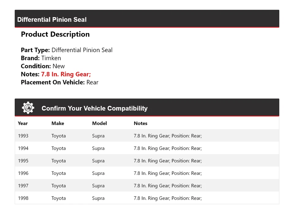 Уплотнение задней шестерни дифференциала для Toyota Supra 1993-1998 годов выпуска Timken 1994 1995 1996 годов выпуска - Изображение 2 из 4