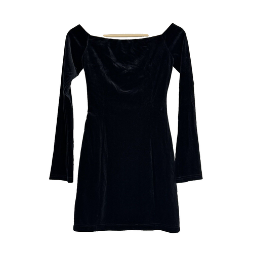 ZARA Off Shoulder Black Velvet Dress Long Sleeve Bodycon Party Goth Size XS NWT - Picture 3 of 10
