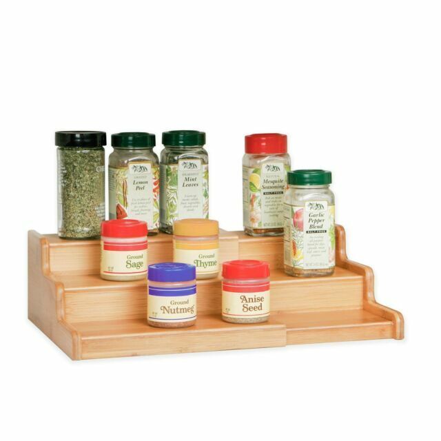 Wooden Spice Glass Jars Organizer - Expandable 3-Tier Shelf