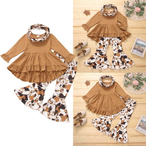 3Pcs Kids Baby Girls Long Sleeve T-shirt Tops+Flared Pants set Outfits 1-6 Years - Picture 1 of 11
