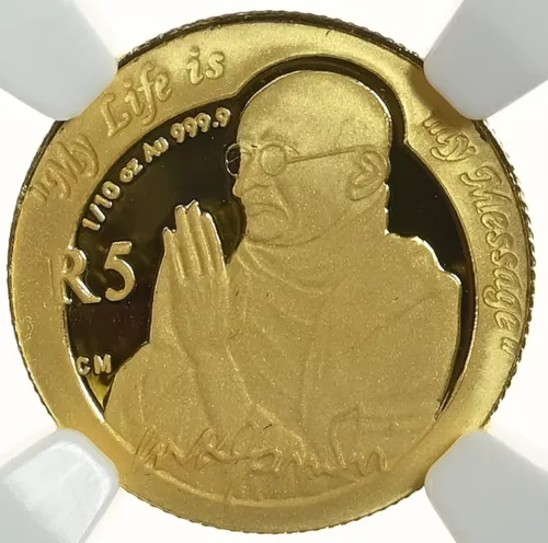 SOUTH AFRICA 5 Rand 2008 Gold 1/10oz NGC PF69UC 'MAHATMA GANDHI'