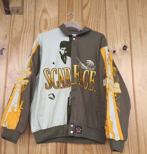 NUEVA CHAQUETA SCARFACE DISEÑO JH VINTAGE TALLA XL BORDADA A PRESIÓN! MARRÓN AMARILLO